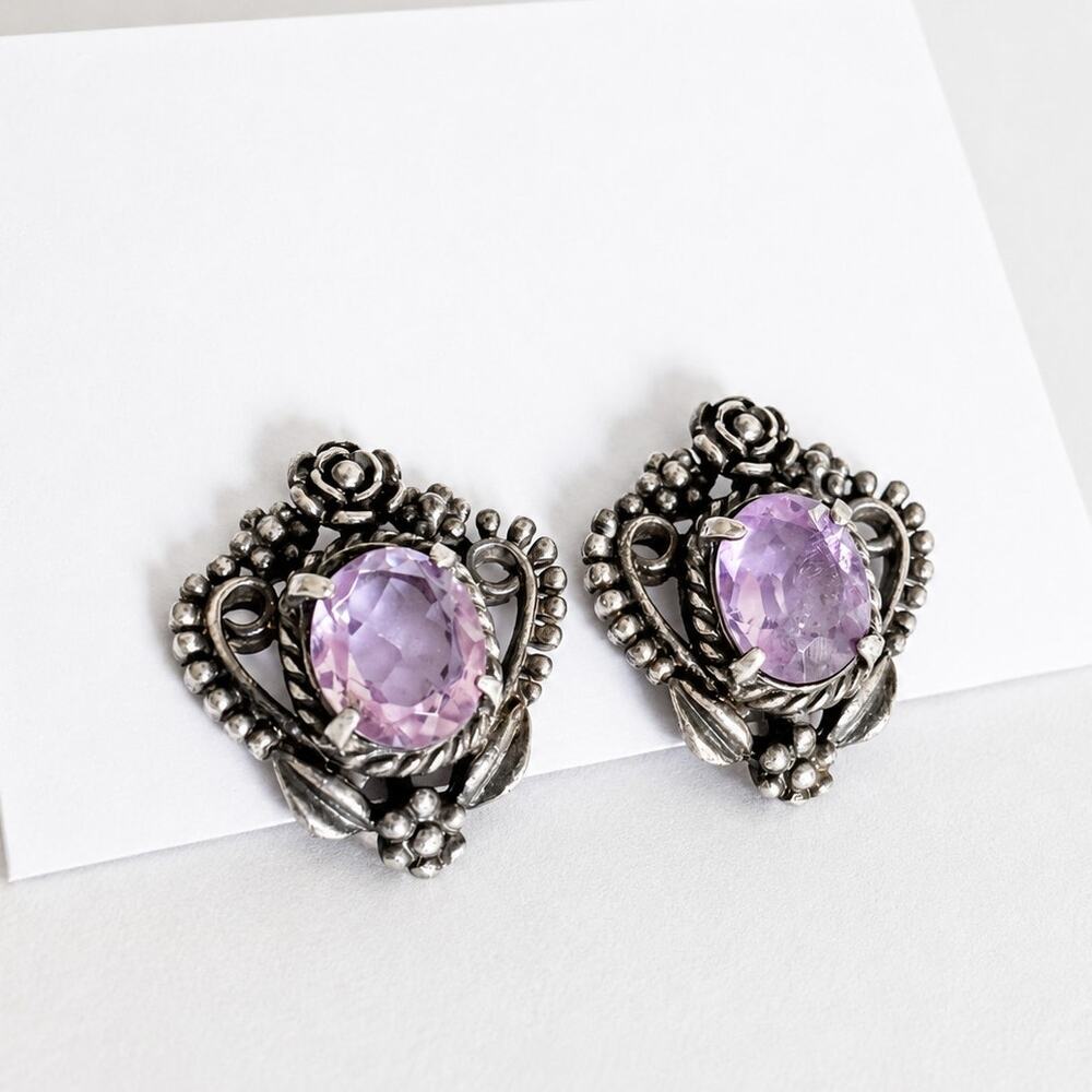 Vintage Sterling Silver Amethyst Screw Back Earrings Ornate Floral Art Nouveau